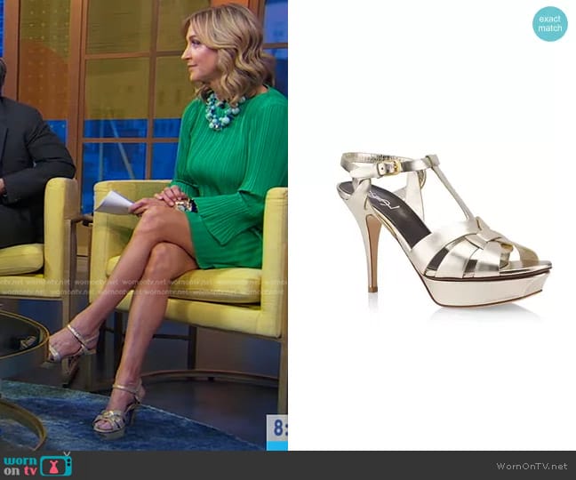 Saint Laurent Tribute Metallic Leather Sandals in Platino worn by Lara Spencer on Good Morning America