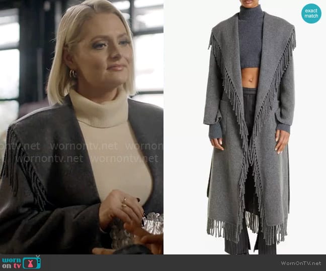 Simkhai Carrie Fringe Wool Blend Robe Coat worn by Lexi (Lauren Ash) on Not Dead Yet