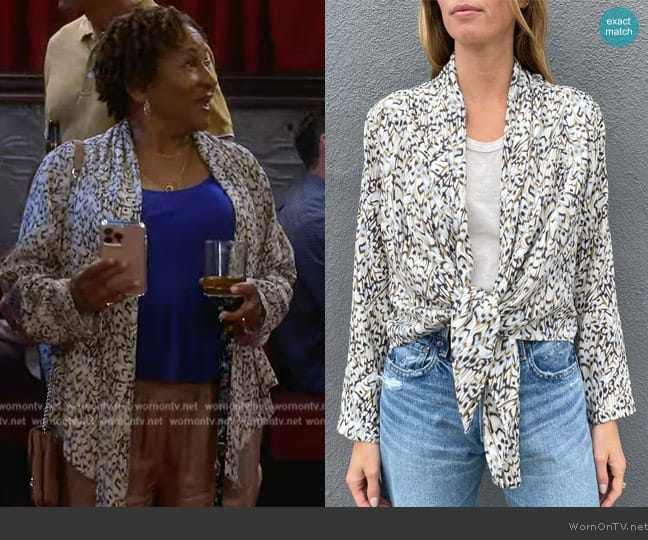 Pharaoh Collection Simone Shirt Jacket in Khaki Feathers worn by Lucretia Turner (Wanda Sykes) on The Upshaws