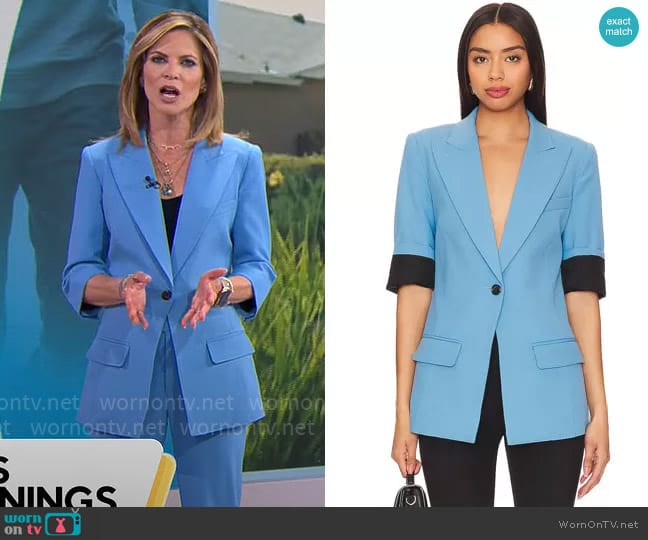 Smythe Three-Quarter Sleeve Longline Blazer in Cornflower Blue worn by Natalie Morales on CBS Mornings