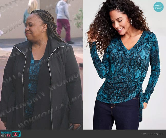 INC International Concepts Snake-Print Ruched Top worn by Miranda Bailey (Chandra Wilson) on Greys Anatomy