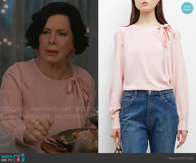 St John Neck-Tie Blouson-Sleeve Silk Crepe De Chine Top worn by Margaret Wright (Marcia Gay Harden) on So Help Me Todd