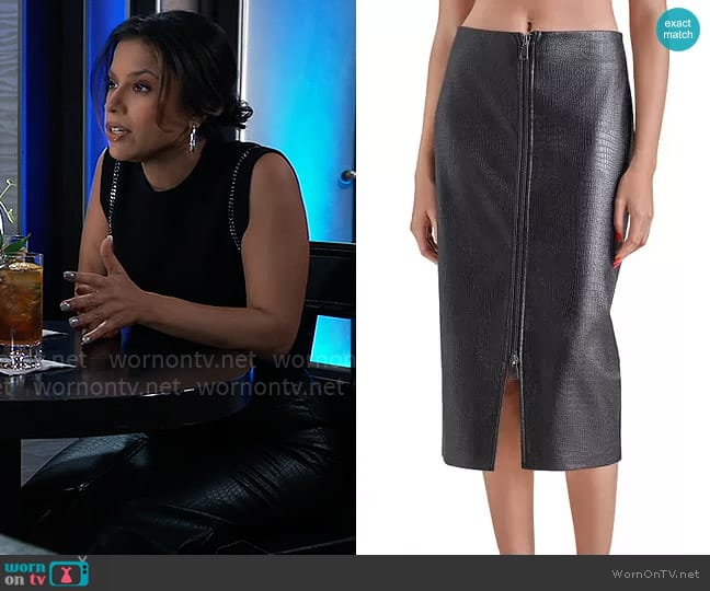 Steve Madden Hayes Faux Leather Midi Skirt worn by Alison 'Blaze' Rogers (Jacqueline Grace Lopez) on General Hospital