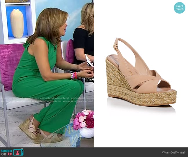 Stuart Weitzman Carmen Brown Espadrille Wedge Platform Sandals in Adobe worn by Hoda Kotb on Today