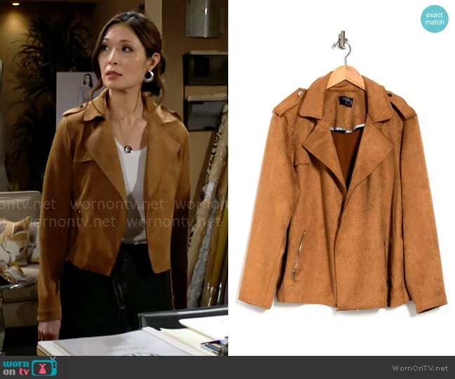 T Tahari Faux Suede Moto Jacket in Tobacco worn by Penelope Poppy Nozawa (Romy Park) on The Bold and the Beautiful