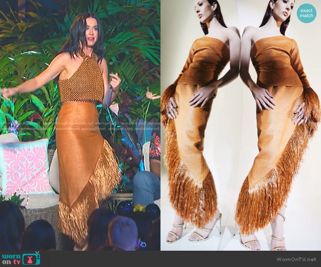 Taller Marmo Fringed Asymmetric Skirt in Bright Brown worn by Katy Perry on American Idol