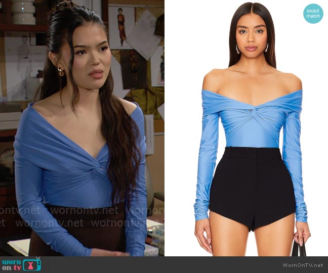 The Andamane Kendall Bodysuit in Deep Denim worn by Luna (Lisa Yamada) on The Bold and the Beautiful