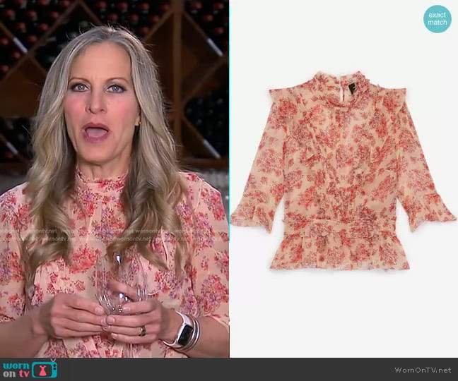 The Kooples Floral Printed Flowing Top With Frills worn by Becky Worley on Good Morning America