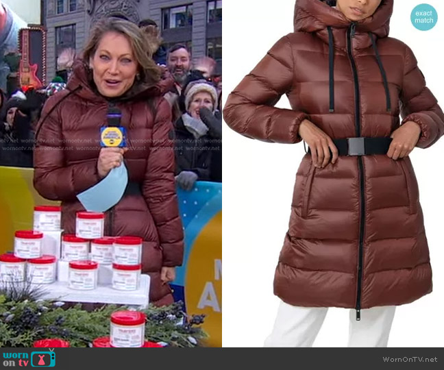 The Recycled Planet Company Nadian Belted Down Puffer Jacket in Rum Raisin worn by Ginger Zee on Good Morning America