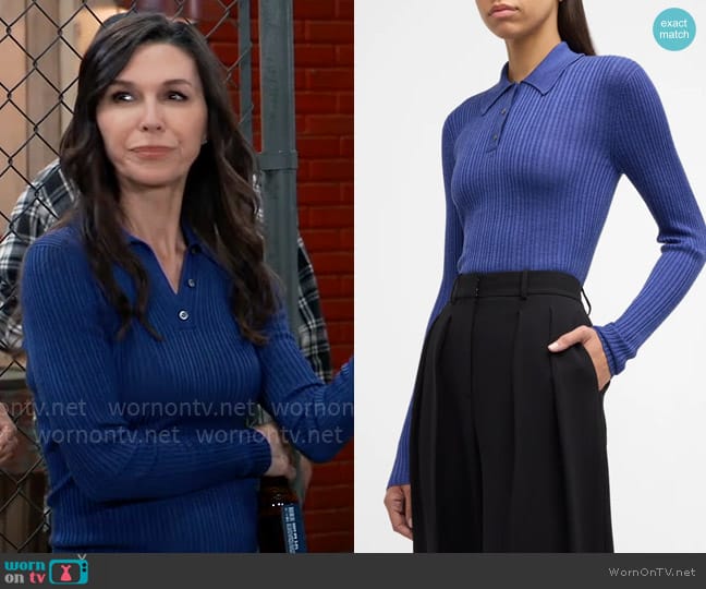 Theory Bering Rib Wool-Blend Slim Polo Top worn by Anna Devane (Finola Hughes) on General Hospital