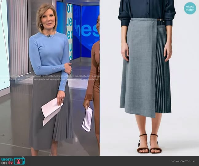 Tibi Tropical Wool Pleated Leather Wrap Skirt in Heather Grey worn by Kate Snow on NBC News Daily