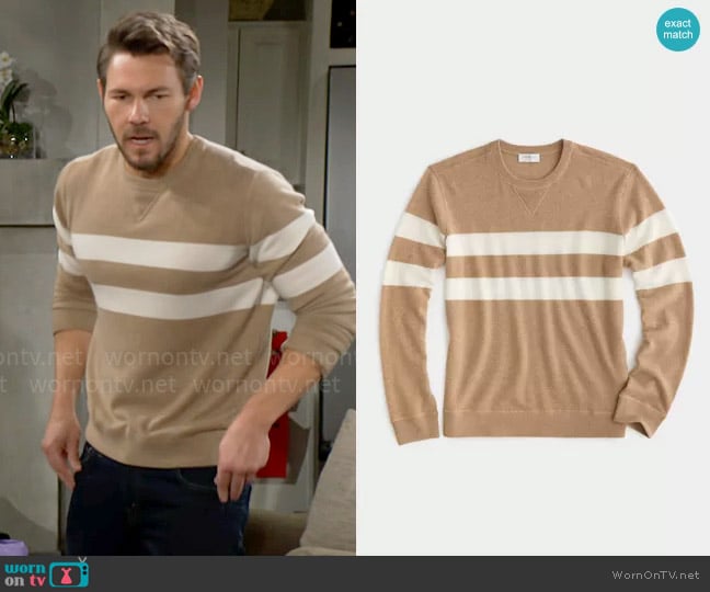 Todd Snyder Cashmere Stripe Sweatshirt in Camel worn by Liam Spencer (Scott Clifton) on The Bold and the Beautiful