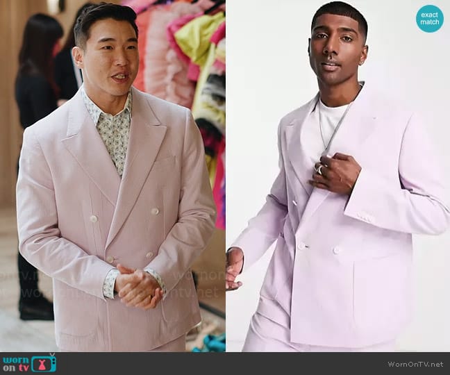 Topman Relaxed double breasted suit jacket in lilac crepe worn by Nicholas (Joel Kim Booster) on Loot