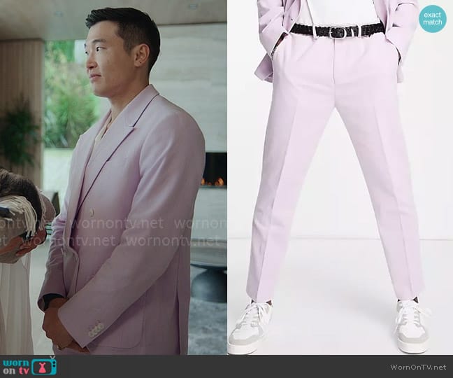 Topman Slim suit pants in lilac crepe worn by Nicholas (Joel Kim Booster) on Loot