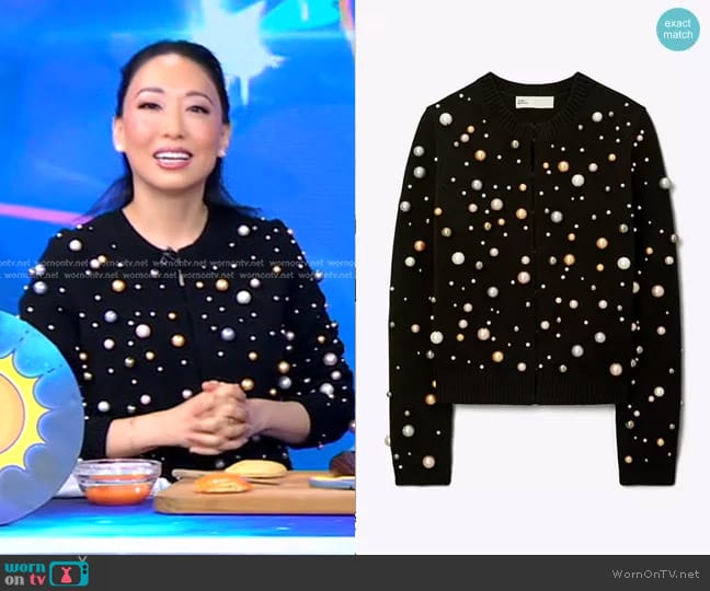 Tory Burch Pearl Embellished Cardigan worn by Judy Joo on Good Morning America