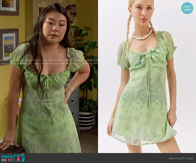 Urban Outfitters Becca Printed Puff Sleeve Mini Dress worn by Wendy Shin (Victoria Grace) on Days of our Lives