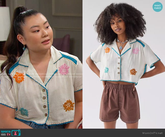 Urban Outfitters Rowan Embroidered Souvenir Button-Down Top worn by Wendy Shin (Victoria Grace) on Days of our Lives