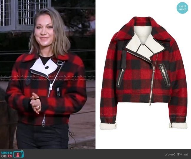 Veronica Beard Benni Faux Shearling Lined Buffalo Check Moto Jacket worn by Ginger Zee on Good Morning America