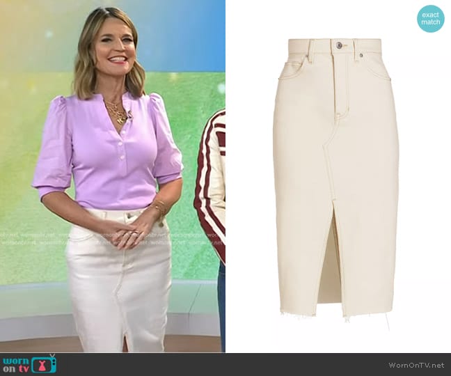 Veronica Beard Breves Denim Midi Skirt in Ecru worn by Savannah Guthrie on Today