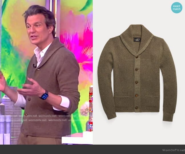 Ralph Lauren Waffle Cashmere Shawl-Collar Cardigan in Olive Heather worn by Adam Glassman on The View