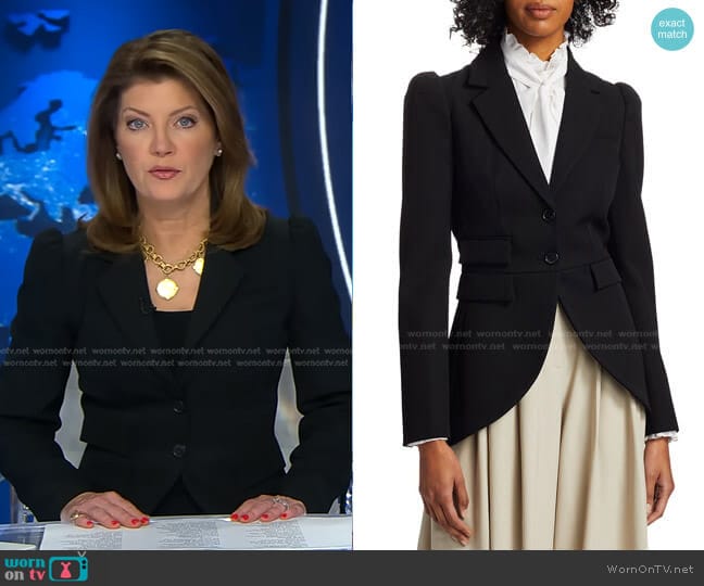 Wool Gabardine Cutaway Riding Jacket by Michael Kors worn by Norah O'Donnell on CBS Evening News