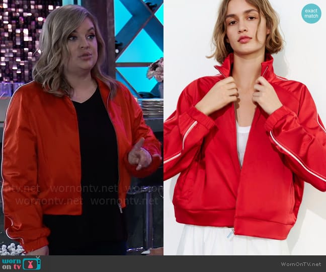 Zara Contrasting Stripe Satin Effect Bomber Jacket worn by Maxie Jones (Kirsten Storms) on General Hospital