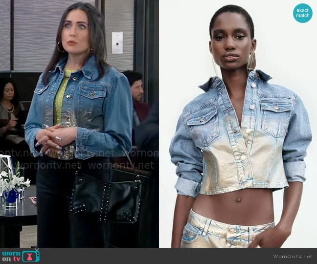 Zara Cropped Metallic Denim Jacket worn by Lois Cerullo (Rena Sofer) on General Hospital