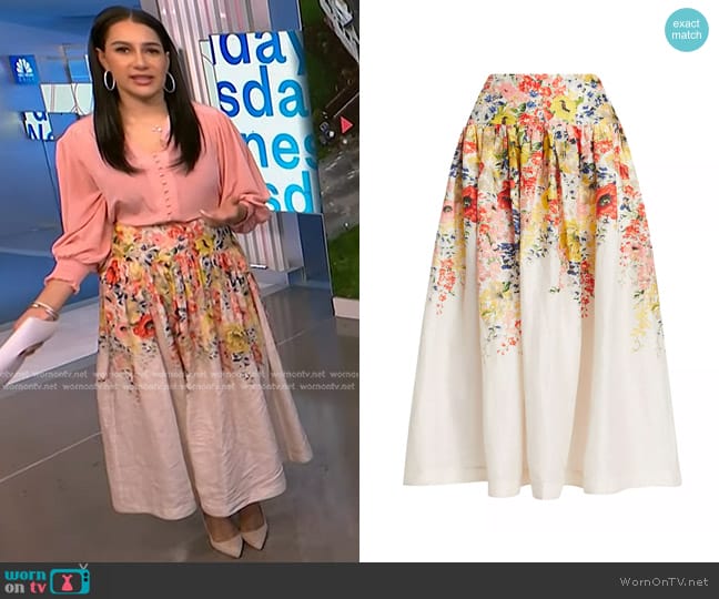 Zimmermann Alight Basque Floral Linen Midi-Skirt worn by Morgan Radford on NBC News Daily