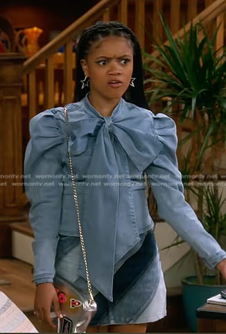 Aaliyah's tie neck denim blouse and mini skirt on The Upshaws