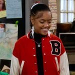 Aaliyah's red B embroidered varsity jacket on The Upshaws