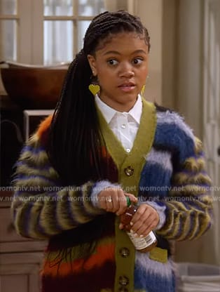 Aaliyah's fuzzy striped cardigan on The Upshaws