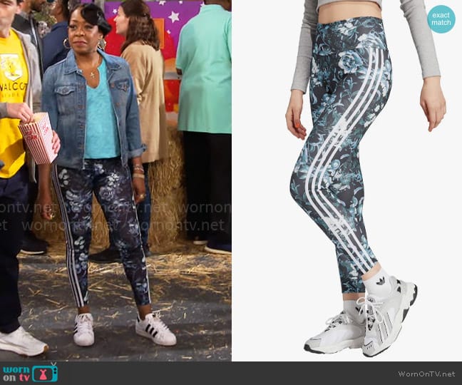 Adidas Floral 3-Stripes High Waist Leggings worn by Tina Butler (Tichina Arnold) on The Neighborhood