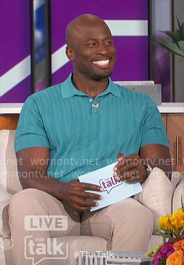 Akbar's teal pointelle knit polo shirt on The Talk