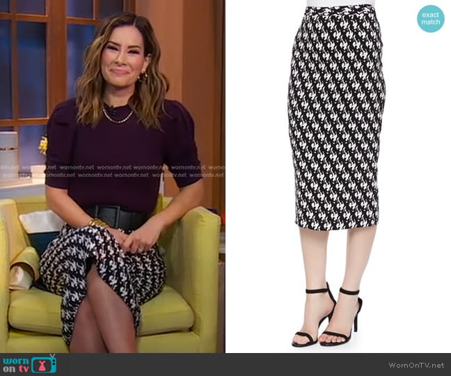 A.L.C. Bell Dancers-Print Midi Pencil Skirt worn by Rebecca Jarvis on Good Morning America