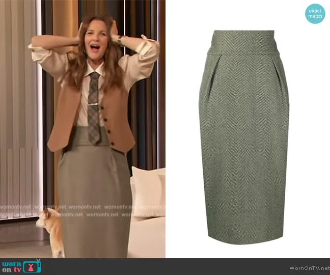 Alexandre Vauthier Herringbone Pencil Skirt worn by Drew Barrymore on The Drew Barrymore Show