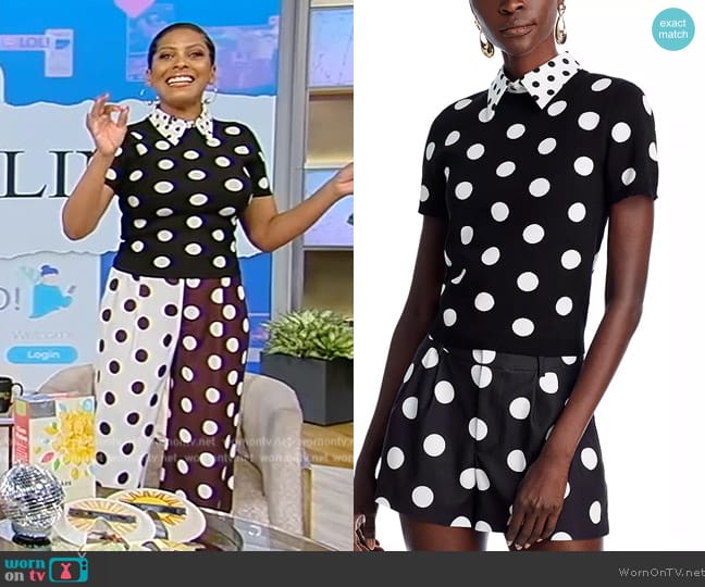 Alice + Olivia Aster Polka-Dot Short-Sleeve Knit Blouse worn by Tamron Hall on Tamron Hall Show