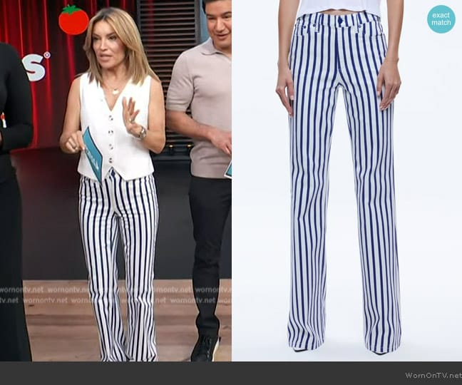 Alice and Olivia Keira Mid Rise 70's Bootcut Jeans in Admiral Stripe worn by Kit Hoover on Access Hollywood