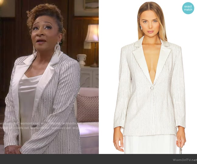 Lucretia’s white embellished pinstripe blazer on The Upshaws