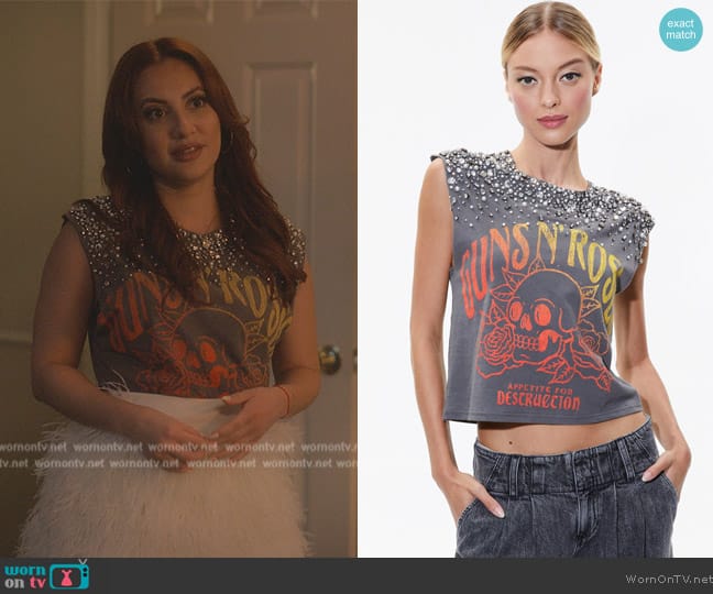 Alice + Olivia Michah Embellished Cropped Muscle Tank worn by Ana Torres (Francia Raisa) on Grown-ish