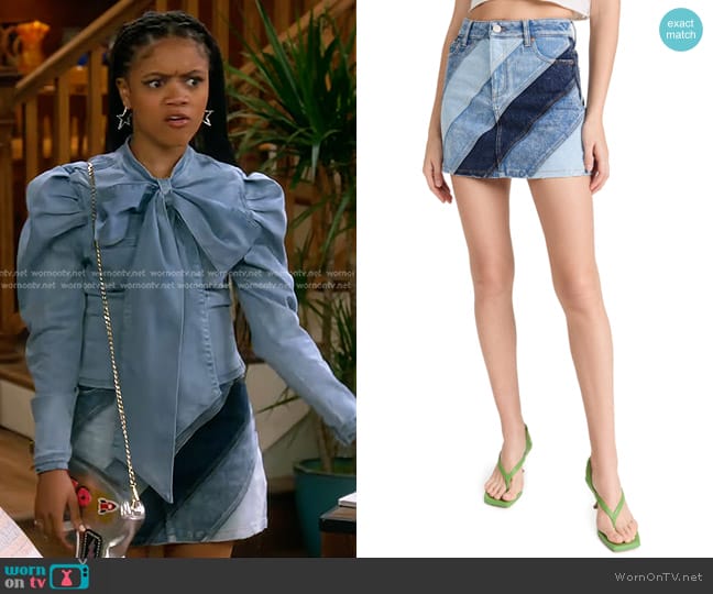 Alice + Olivia Good High Rise Mini Skirt inIndigo Twirl Patchwork worn by Aaliyah Upshaw (Khali Spraggins) on The Upshaws