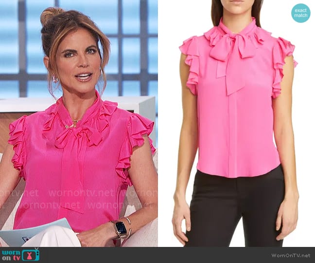 Alice + Olivia Robbie Bow Neck Silk Blouse worn by Natalie Morales on The Talk