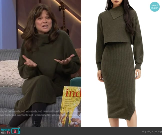 All Saints Margetta 2-in-1 Ribbed Midi Dress worn by Valerie Bertinelli on The Kelly Clarkson Show