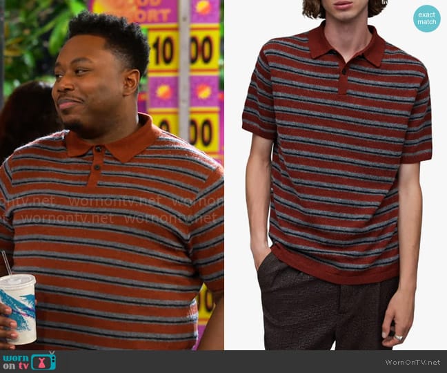 All Saints Stafford Stripe Wool Polo in Coper Marl/ Grey Marl/ Black worn by Marty (Marcel Spears) on The Neighborhood