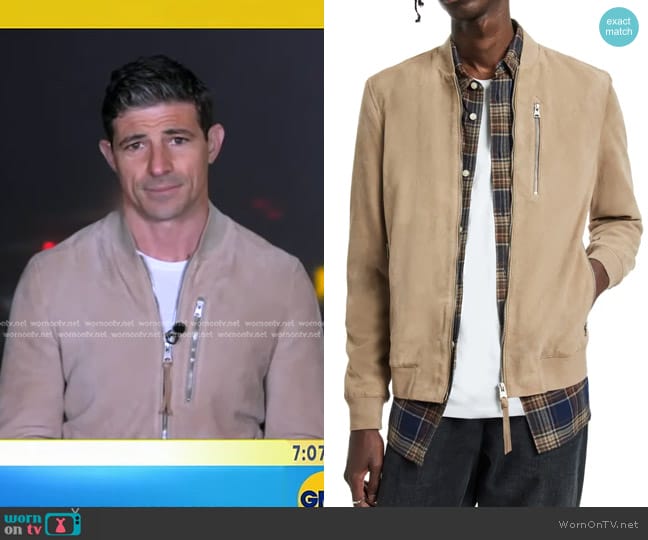 All Saints Kemble Suede Bomber Jacket in Warm Taupe worn by Matt Gutman on Good Morning America