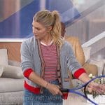 Amanda’s red striped tee, denim skirt, and cardigan on The Talk