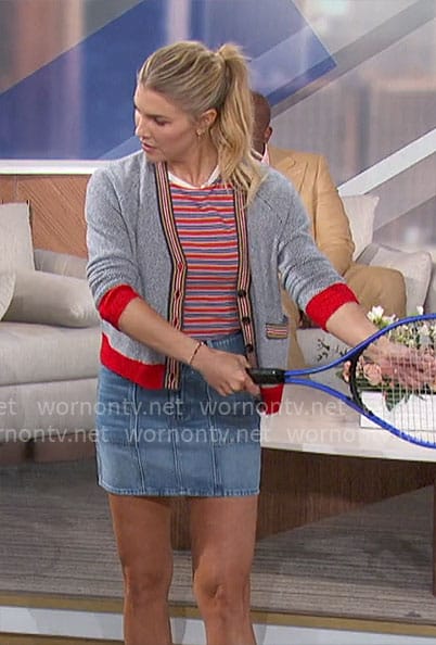 Amanda's red striped tee, denim skirt, and cardigan on The Talk