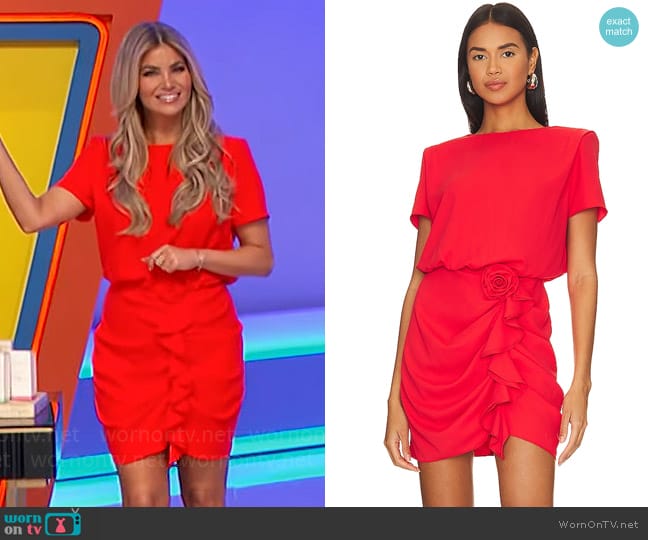 Amanda Uprichard x Revolve Cataluna Mini Dress in Crimson worn by Amber Lancaster on The Price is Right