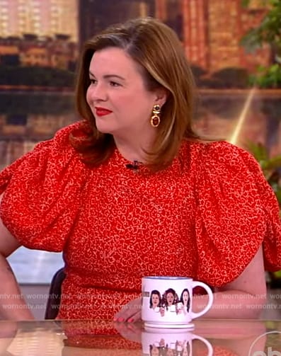 Amber Tamblyn’s red printed puff sleeve dress on The View