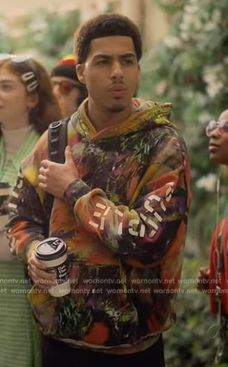 Andre's multicolored print hoodie on Grown-ish