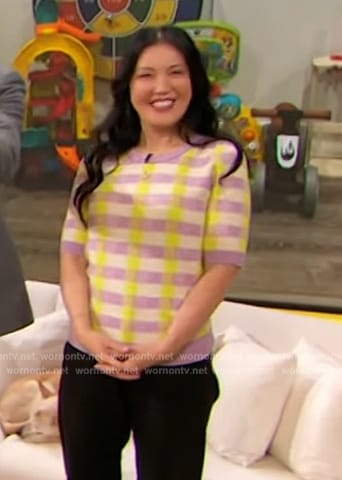 Anita Yokota's plaid short sleeve sweater on The Drew Barrymore Show